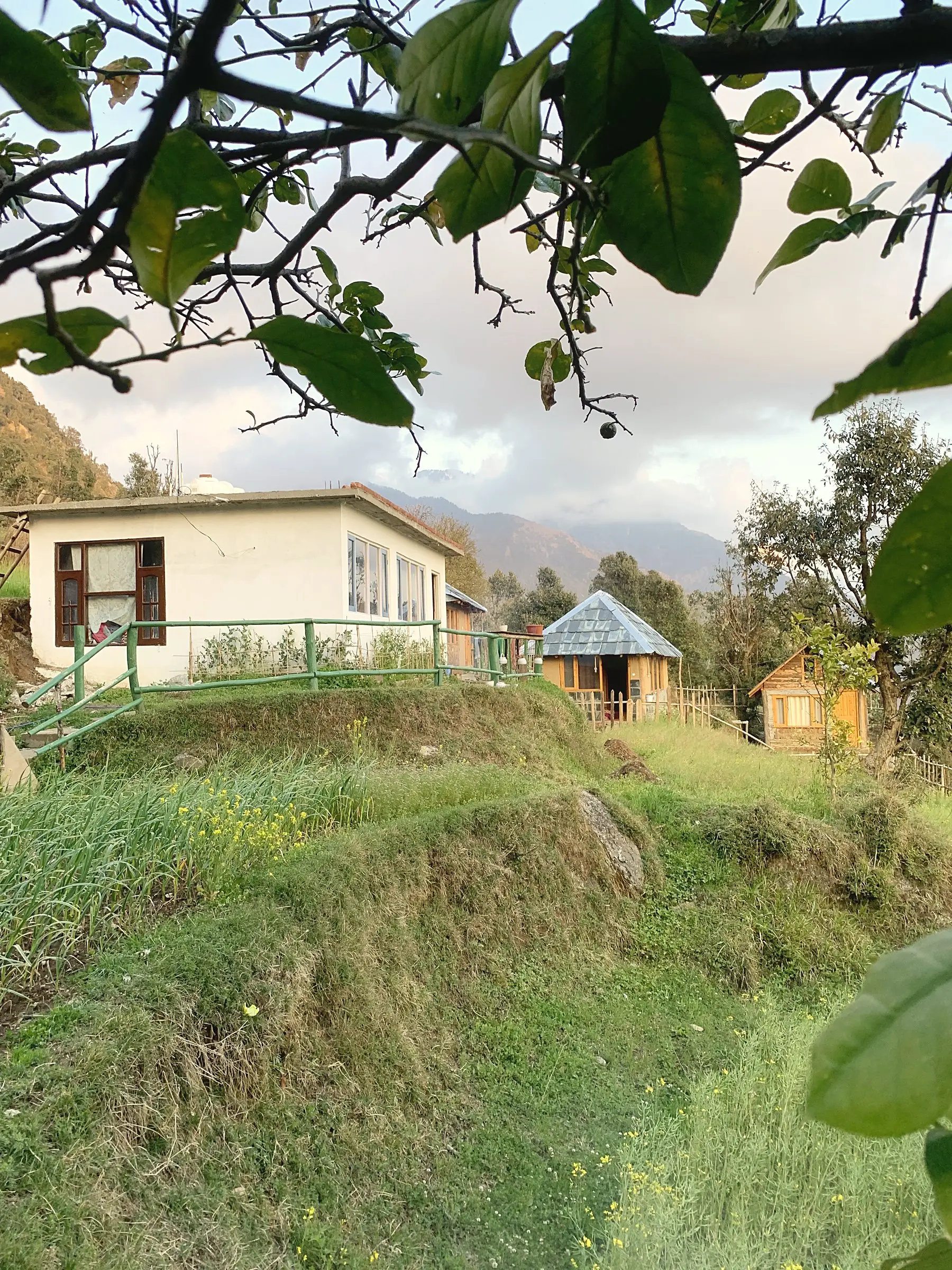 A white house with a green railing and wooden cabins on a grassy hillside