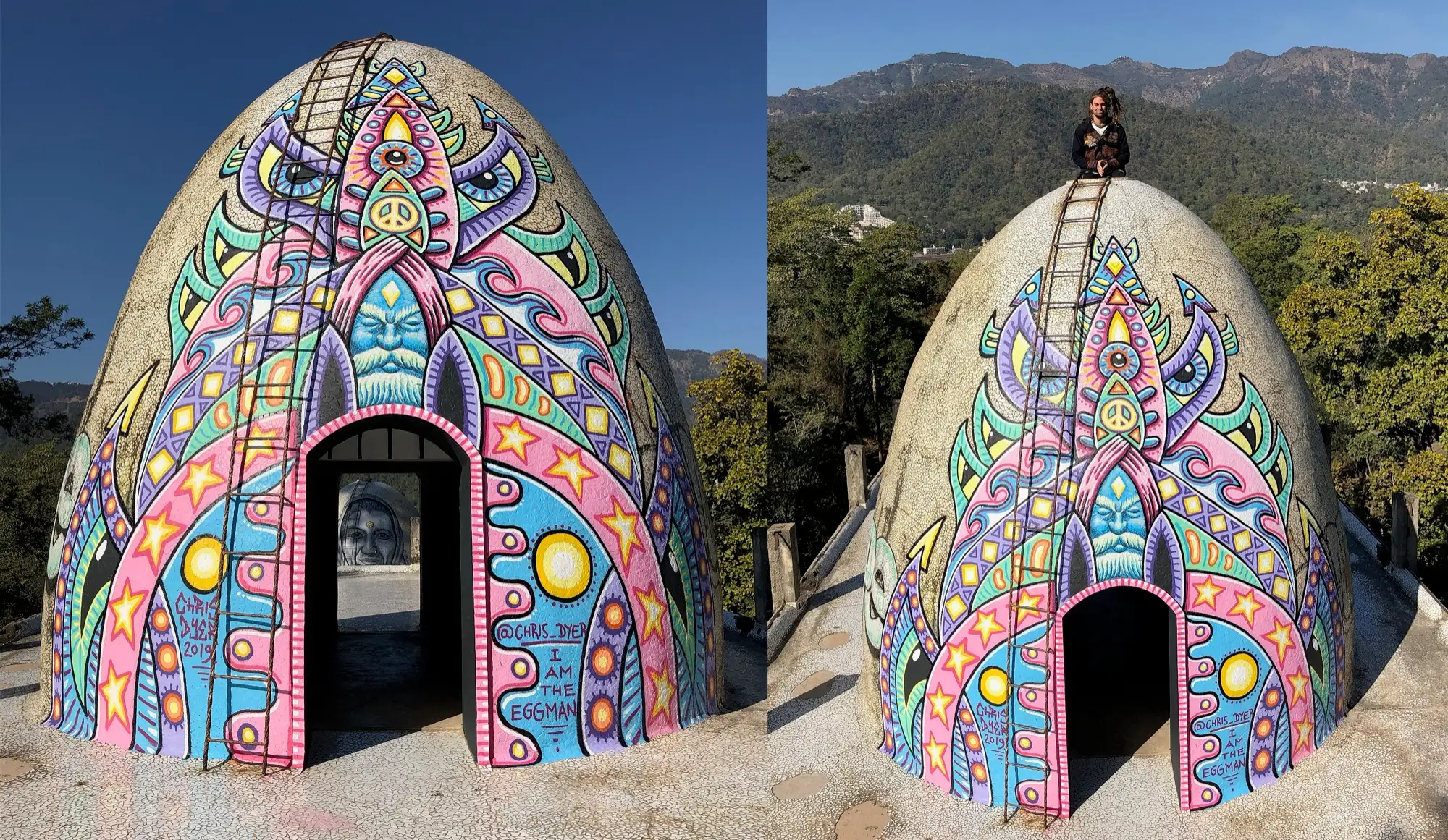 Painted stone meditation domes at the Beatles Ashram in Rishikesh