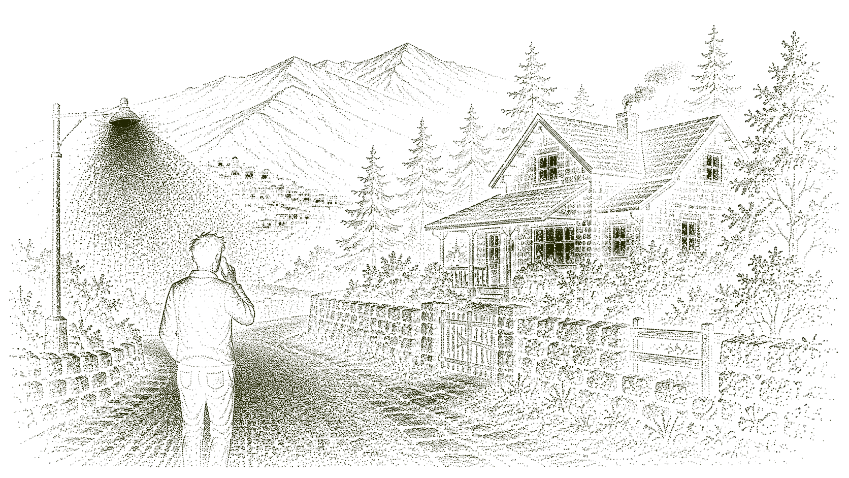 Drawing of a person walking a lamp-lit path to a house at night