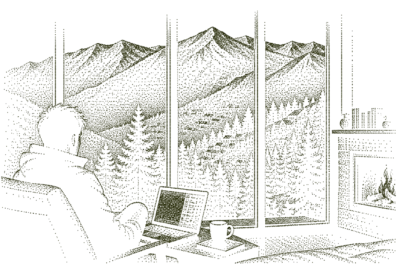 Drawing of someone working at a desk by a window that looks out on mountains