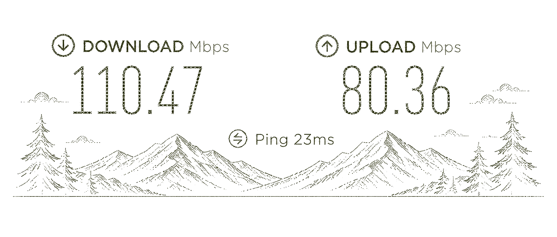 Drawing of a wifi speed test readout set against a mountain range