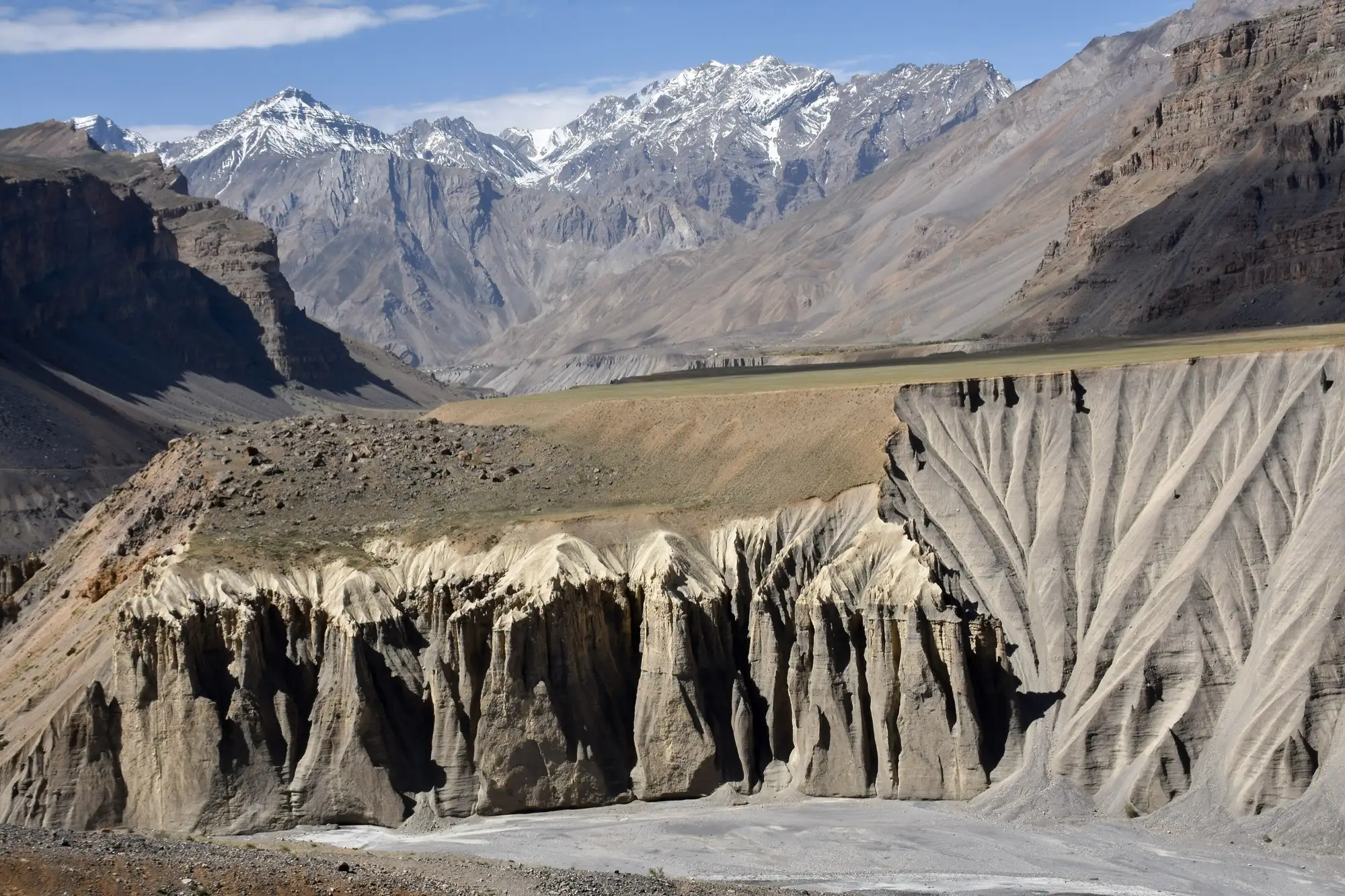 Eroded river cliffs and snow peaks in the Spiti valley near Kaza